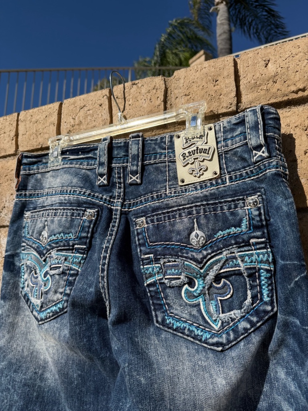 Rock Revival Scion Jeans Mens 36x30 Blue Distressed Embroidered Slim Straight